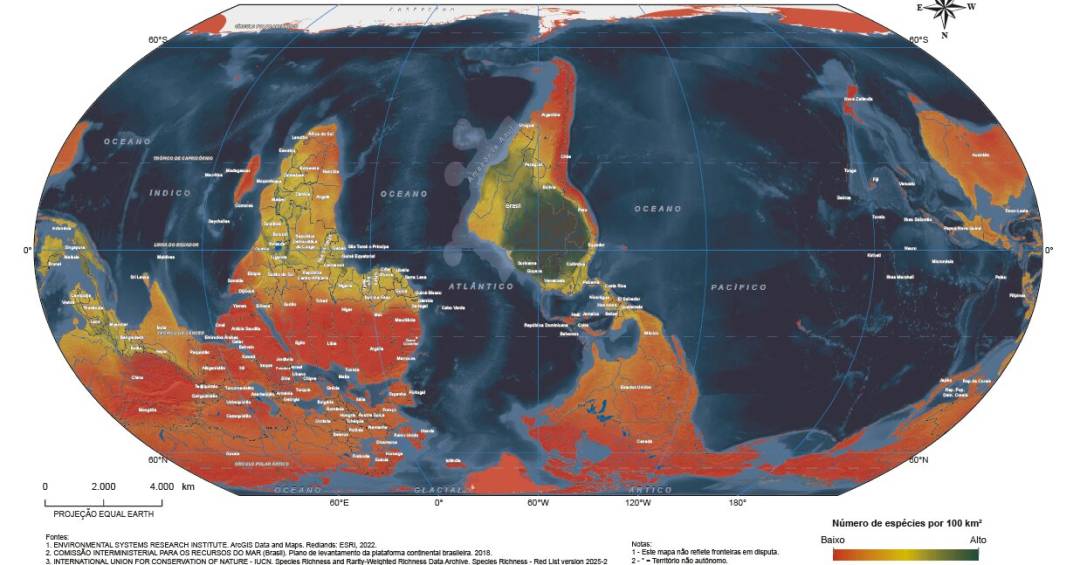 Novo mapa-múndi do IBGE inverte polos, coloca Brasil no centro e foca em biodiversidade