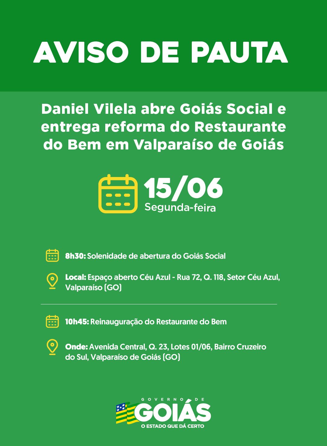 Agenda do governador para segunda-feira