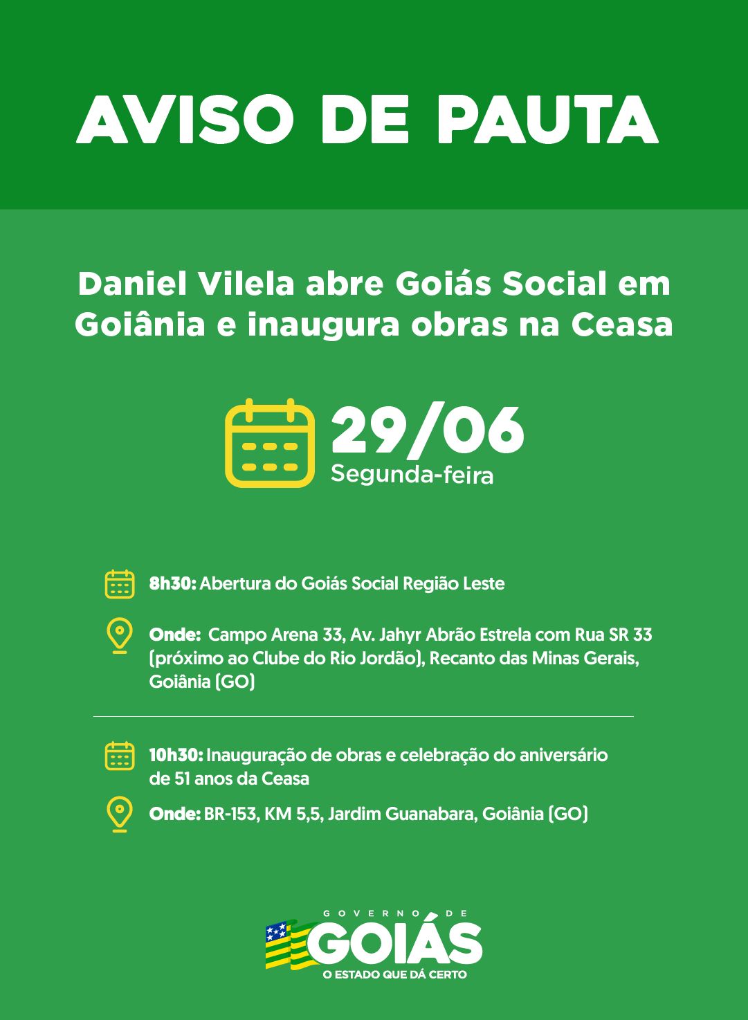 Agenda do governador para segunda-feira
